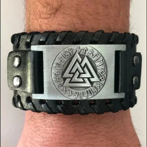 Triangle Mens Viking Celtic Knot PU Leather Stainless Steel Buckle Cuff Bracelet